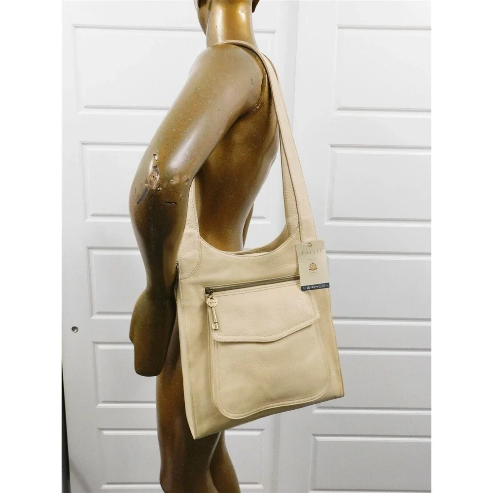 New‎ Fossil Beige Leather Cargo Large Hobo Bag